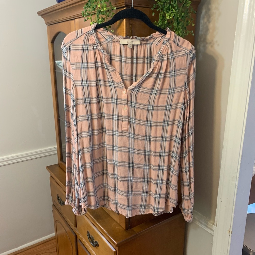 Loft Light Pink Plaid Loose Blouse